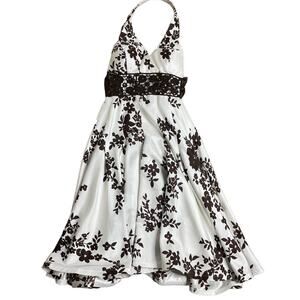 Ignite evenings by Carol Lin V Neck Halter Top Vintage Dress White and Brown